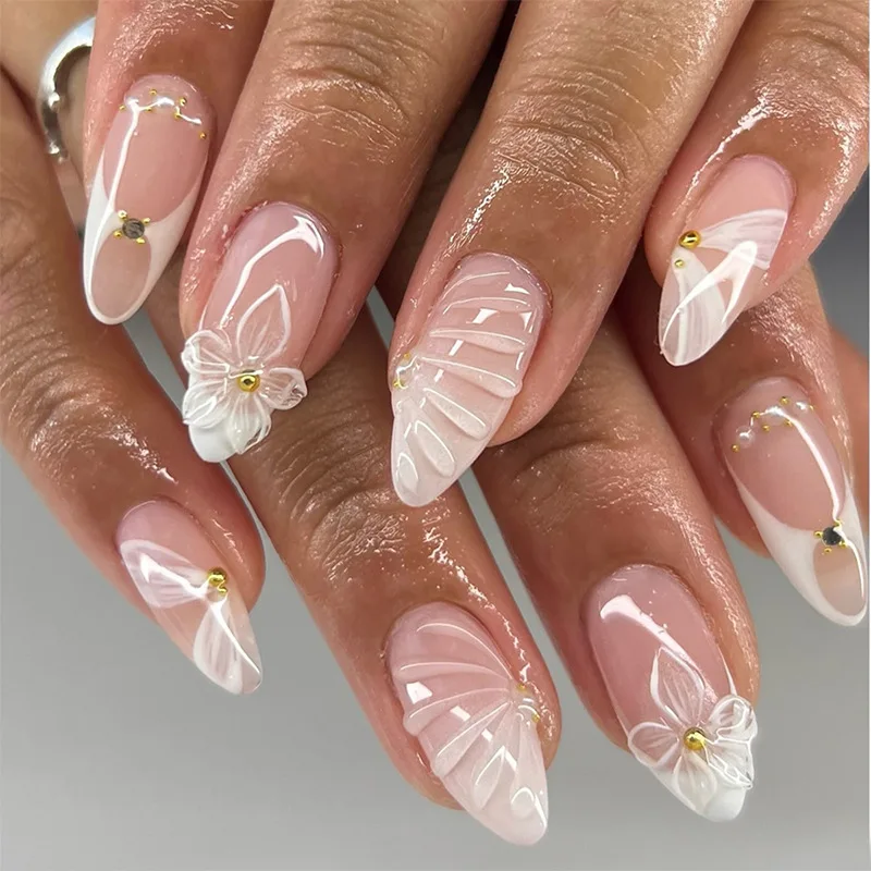 

24 шт., накладные ногти телесного цвета, белые французские кончики, миндалевидный пресс на ногтях, цветочный дизайн, корейский стиль, сделай сам, маникюр, искусственные ногти