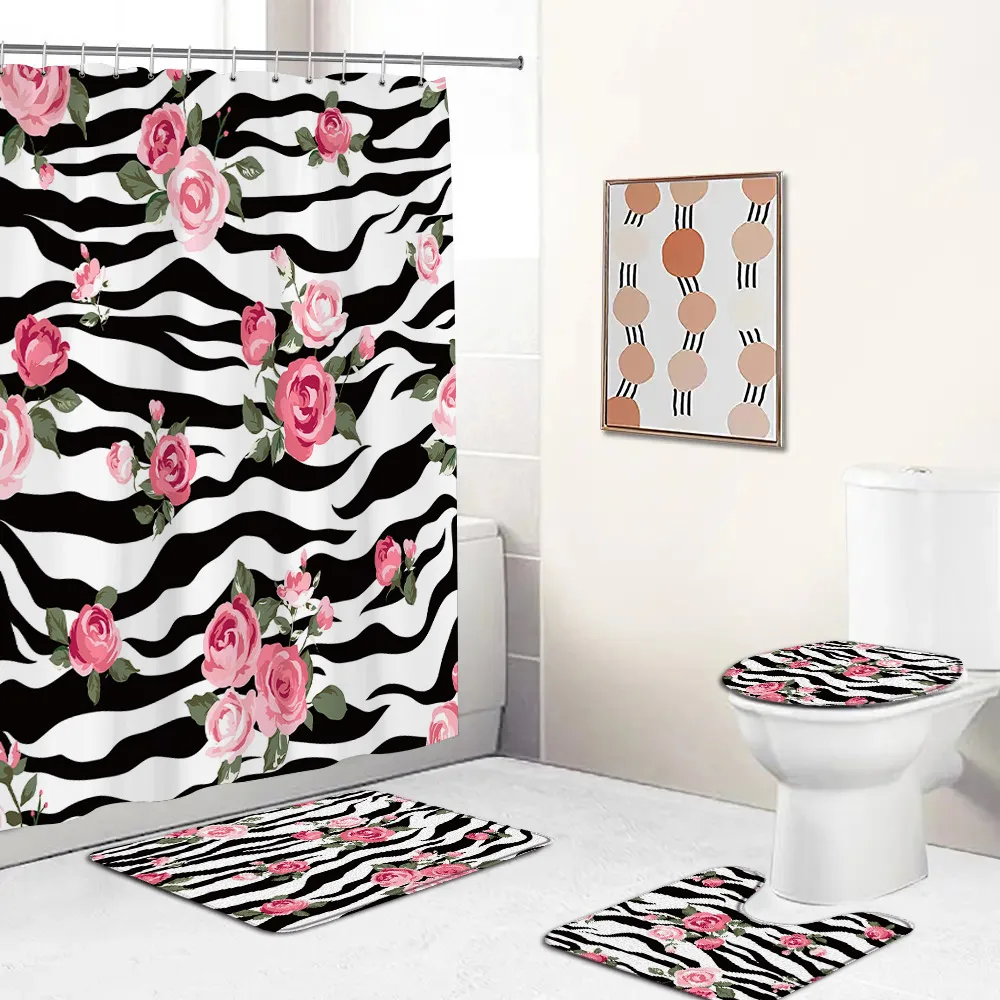 Leopard Pattern Shower Curtain Set Panther Zebra Stripes Pink Rose Fashion Non-slip Bath Mat Modern Home Carpet Toilet Lid Cover