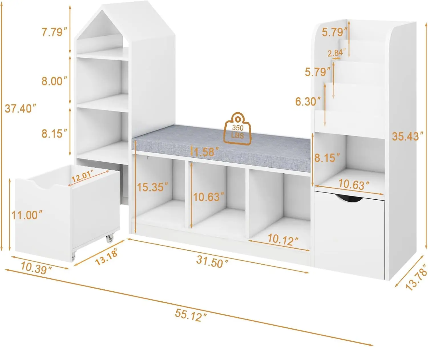 Kids Bookcase and Bookshelf with Reading Nook, Multifunctional Bookcase with 7 Storage Cubbies 2 Movable Drawers, Bookcase with