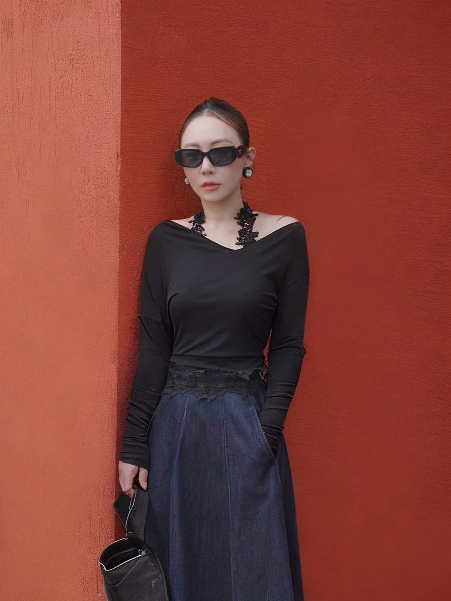 

Disimman Ling Bla Lace oulder Bared Long Sve Slim Fit Base irt Vintage Sle Women's T-irt Stand Edition