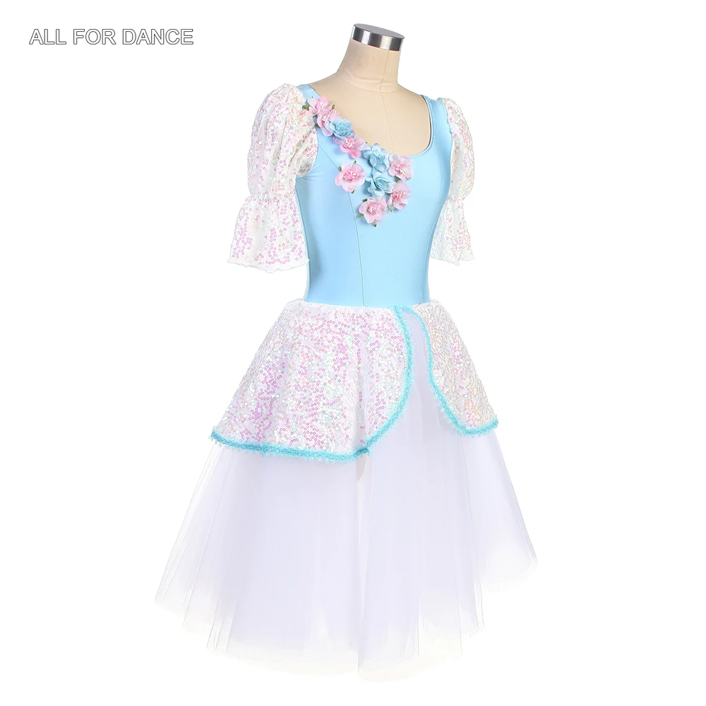 24041 New Ballet Costumes middle Sleeves Sky Blue Spandex with Flowers Romantic Ballet Dance Costumes for GroupDance