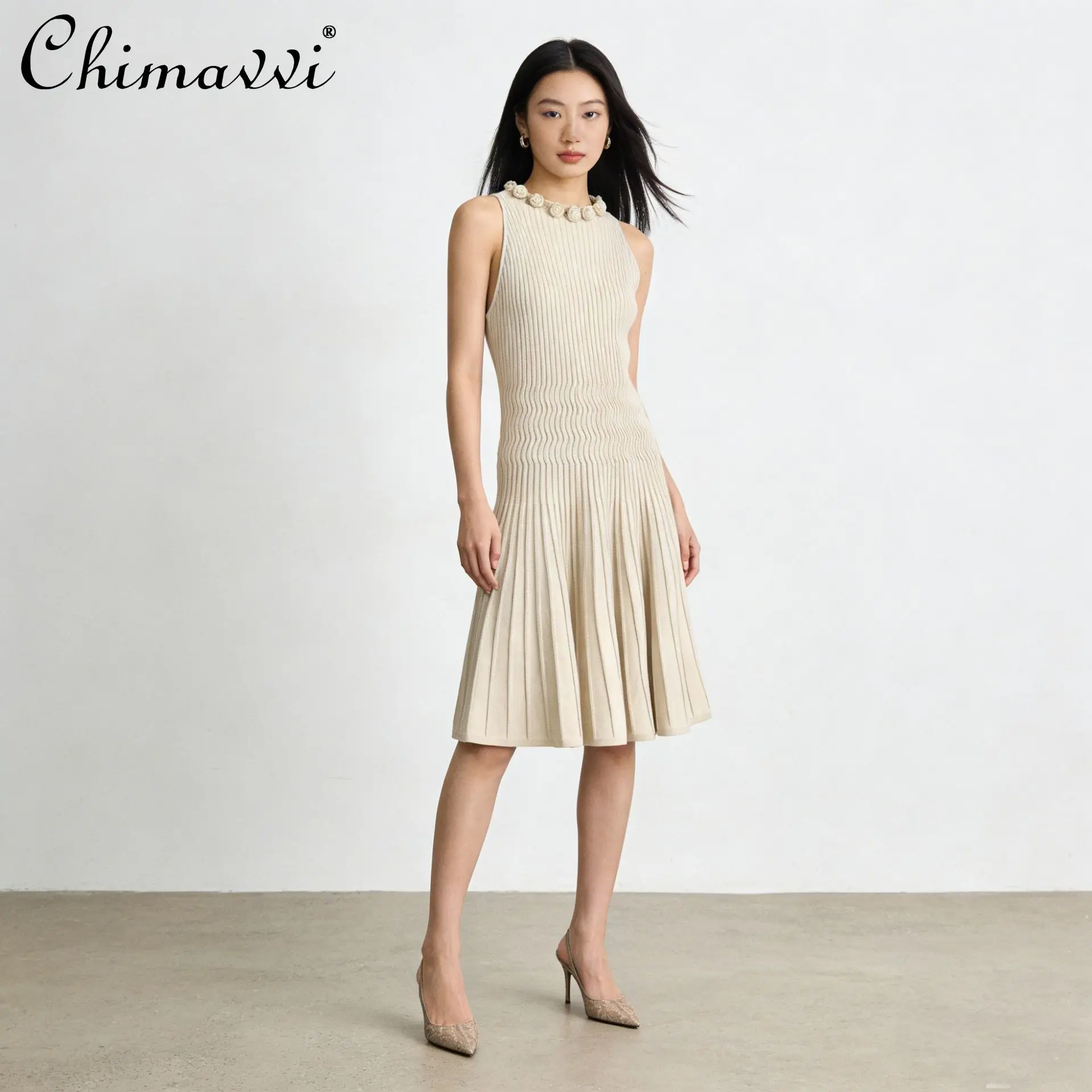 

2026 Spring French Style Elegant Fashion Sleeveless Round Neck 3D Flower High Waist Slim A-line Knitted Short Dress for Women