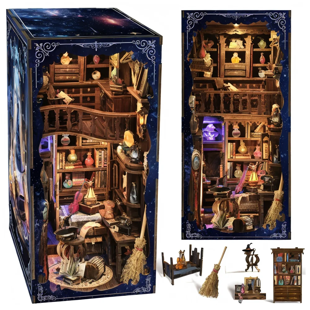Factory Direct Wholesale Magic House 3D Wooden Puzzle DIY Book Nooks Bookshelf Decoration Dollhouse Book Nook Kit