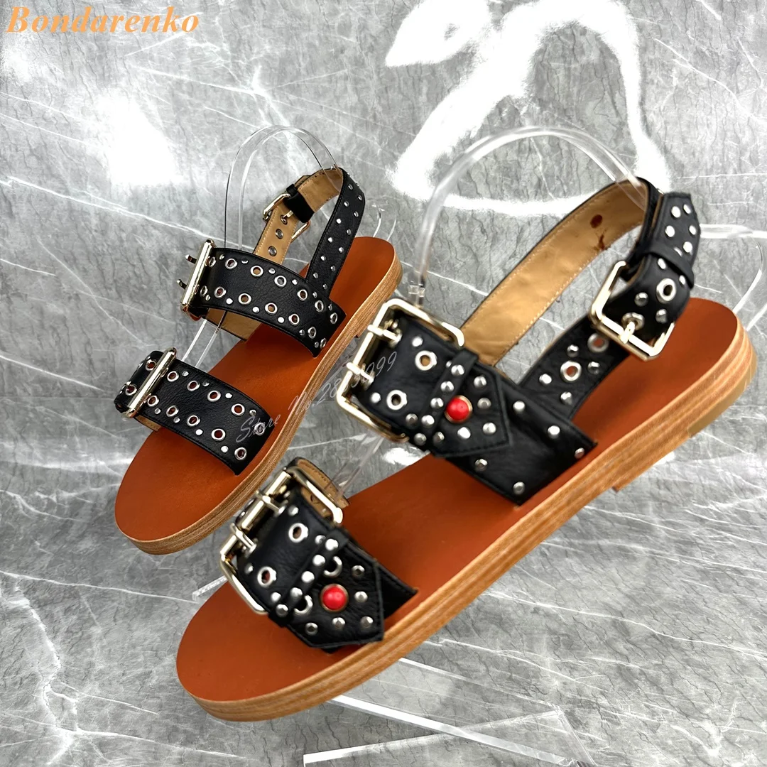 

Rivet Buckles Straps Sandals Open Toe Solid Falt With Slingback Sandals Women And Men Sexy Style Shoes Big Size Daily Party New