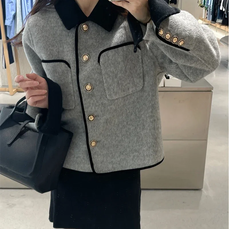 2023 Spring Fall Women Patchwork Woolen Grey Beige Jacket Coat , Autumn Elegant Woman Loose Wool Pocket Short Coats