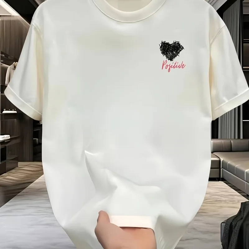 تي شيرت رجالي برسومات قطنية ثقيلة الوزن - أسود هندسي مطبوع عليه قلب فضفاض مناسب للصيف كاجوال ملابس رجالية مريحة