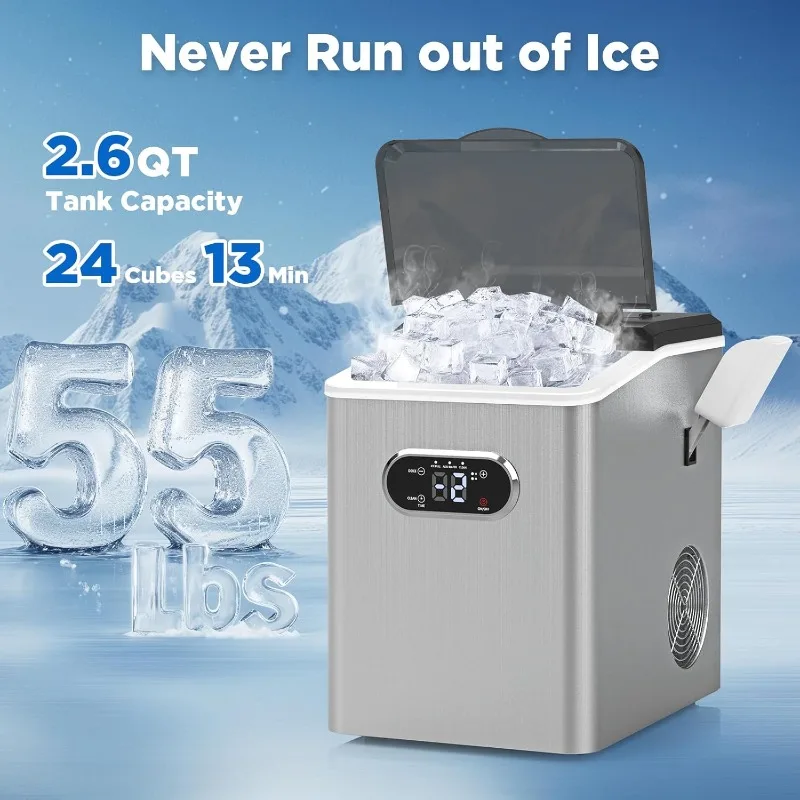 Ice Cube Maker Machine Countertop with 55lbs, 2.5L External Water Tank,2 Ways to Add Water,Auto-Cleaning,with Ice Scoop & Basket