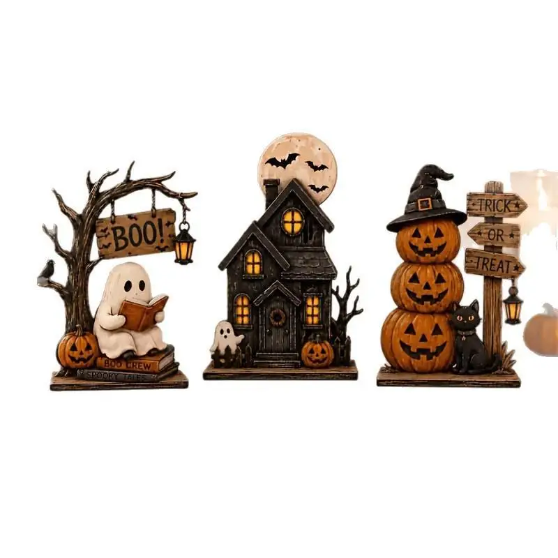 3 Stück Vintage-Halloween-Holz-Dekorationen für den Innenbereich mit Geister-, schwarzen Katzen- und Kürbis-Elementen zur Regaldekoration – Detail 5