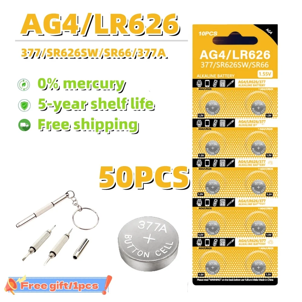 50PCS AG4 LR626 Alkaline Watch Battery 377 SR626 177 626A 377A CX66W For Toy Calculator Car Key Clock Button Cell Fast Delivery