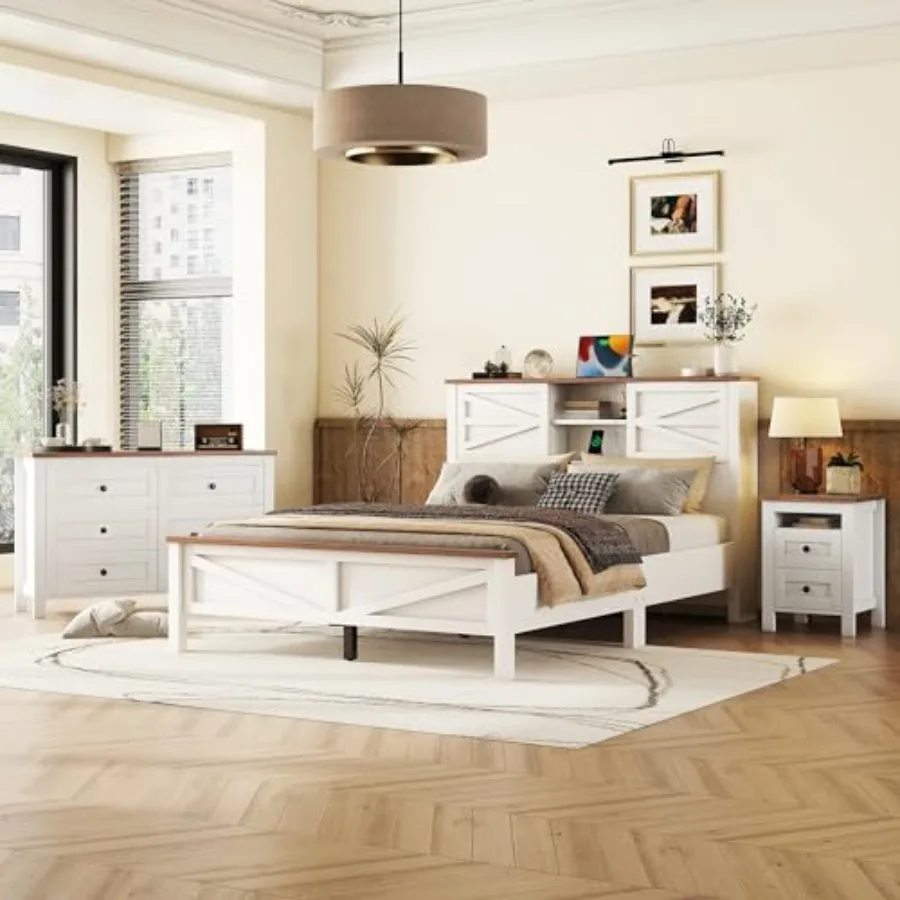 

3-Piece Queen Size Farmhouse Bedroom Set, Platform Bed with Sliding Door Storage Headboard and Charging Station, Storage Nights