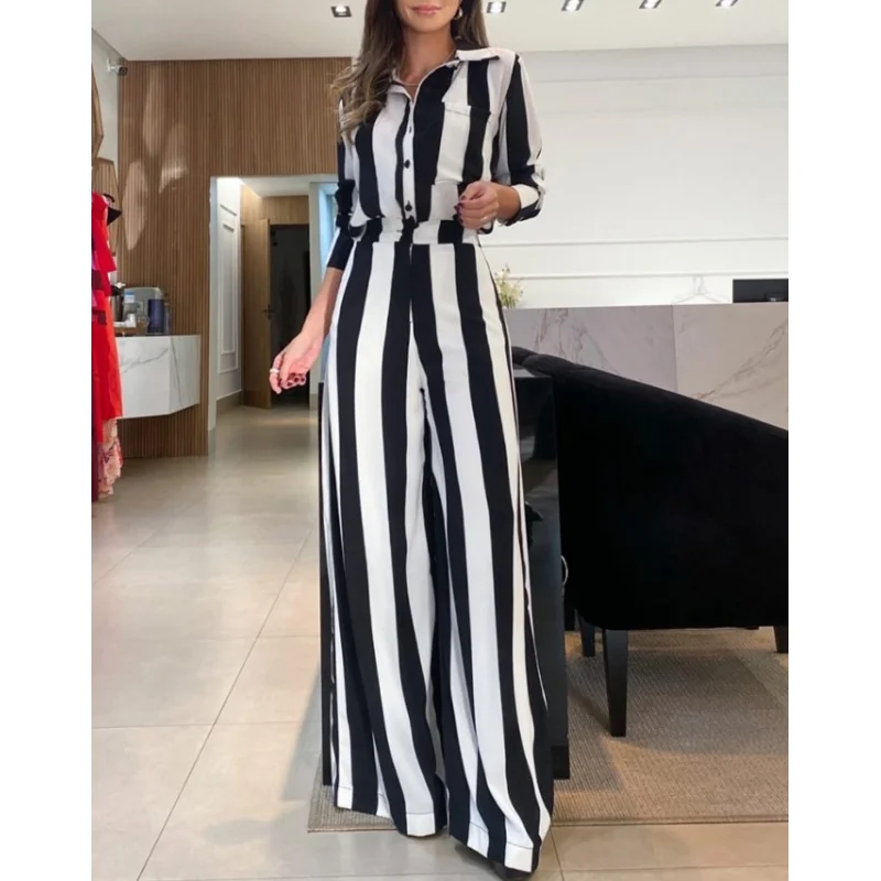 2023European and American Autumn Leisure Fashion Black and White Striped Button Pocket Design Shirt Wide Leg Pants Two-Piece Set