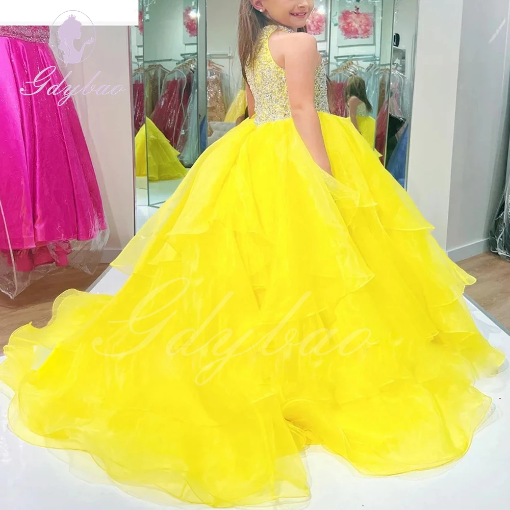 Yellow Flower Girl Dress For Wedding Tulle Puffy Beaded Sleeveless Floor Length Princess Pageant Elegant Kids Birthday Ball Gown