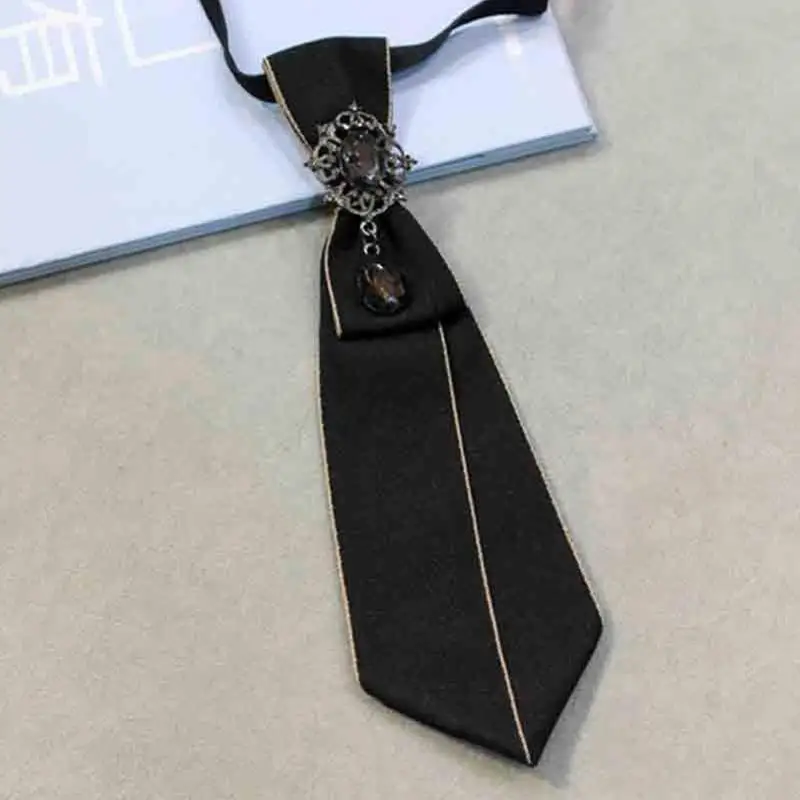 39BD Men Vintage Necktie Gothic for Rhinestone Metal Chain Wedding Party Pre-Tied Bow