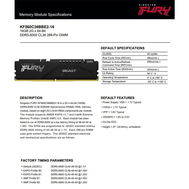 ذاكرة رام Kingston FURY Beast DDR5 سعة 16 جيجابايت و32 جيجابايت بتردد 6000 ميجاهرتز CL30 CL36 ملفات ذاكرة AMD EXPO 288Pin DIMM PC5-48000 - 6