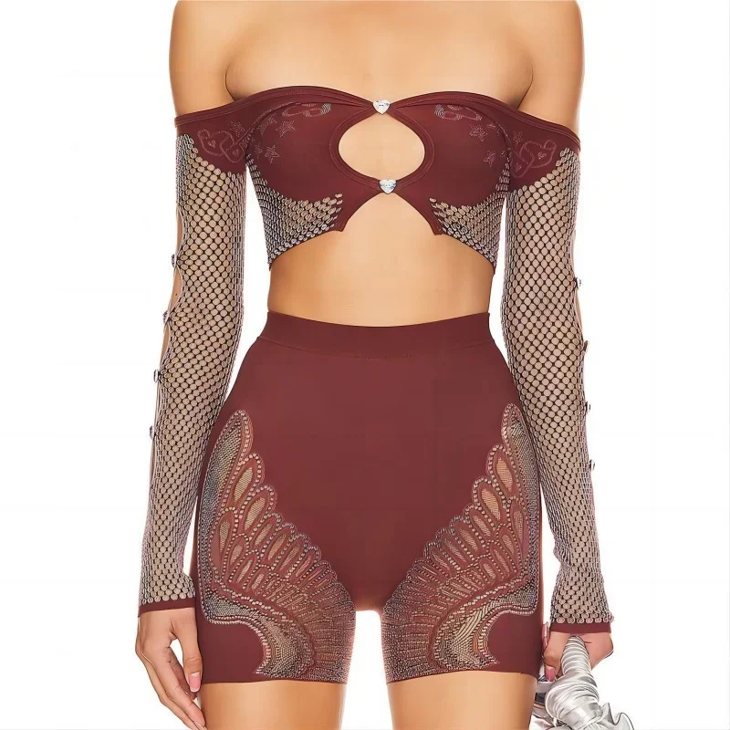 Sexy Mesh Patchwork Nightclub Outfits for Women 2 Piece Set Birthday Slash Neck Hollow Out Crop Top and Shorts Matching Sets