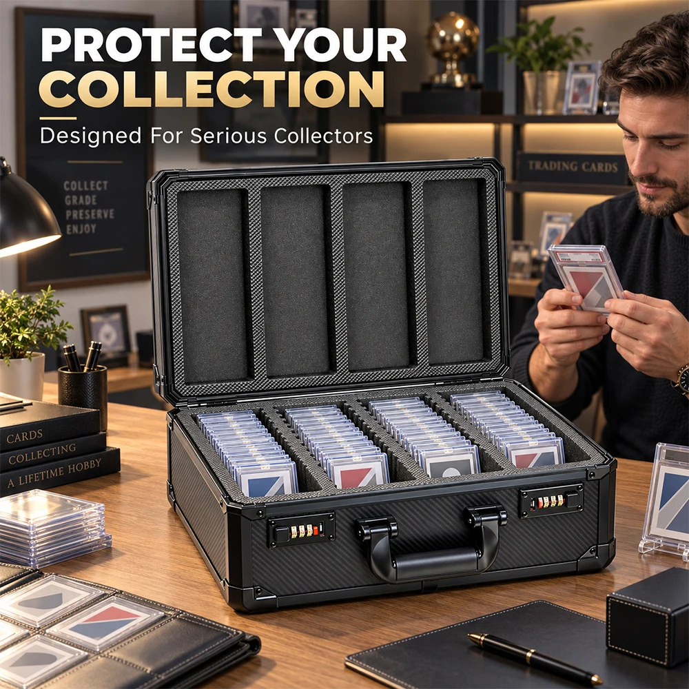 Carbon Fiber Graded Card Storage Case, Dual Combination Locks 4 Compartments 4 Display Windows, Fit PSA BGS CGC TAG Trade Cards