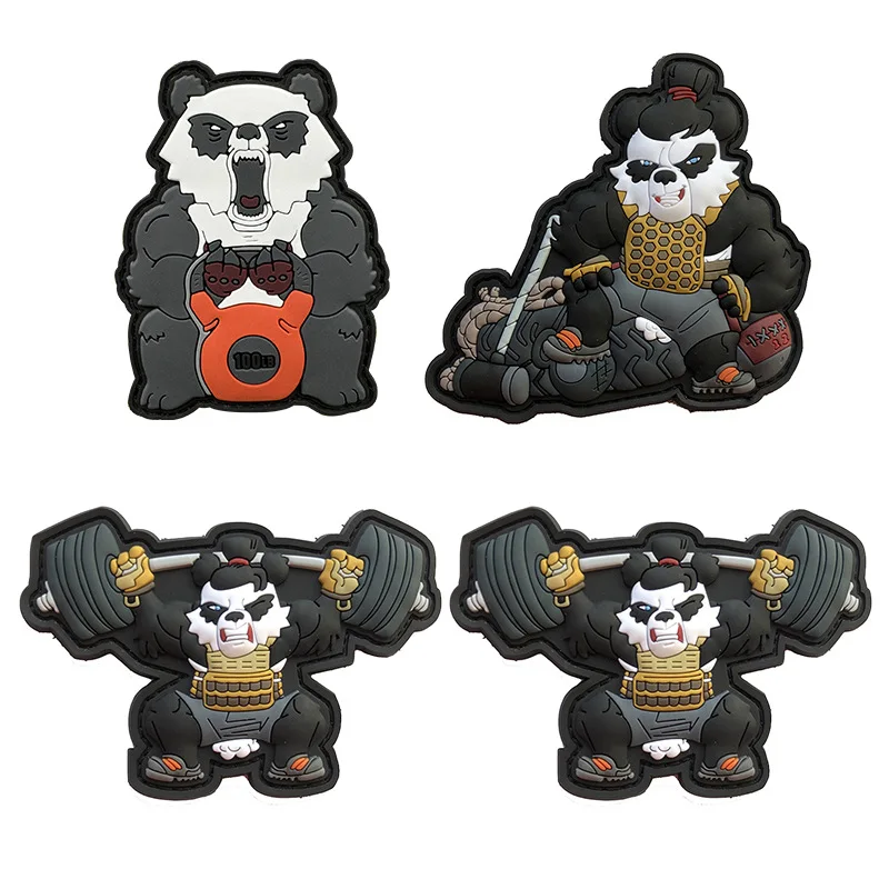 Fitness Barbell Panda Morale Badge Angry Fitness Panda PVC Patches Tactical Hook and Loop Armband Clothing Bag Hat Sticker