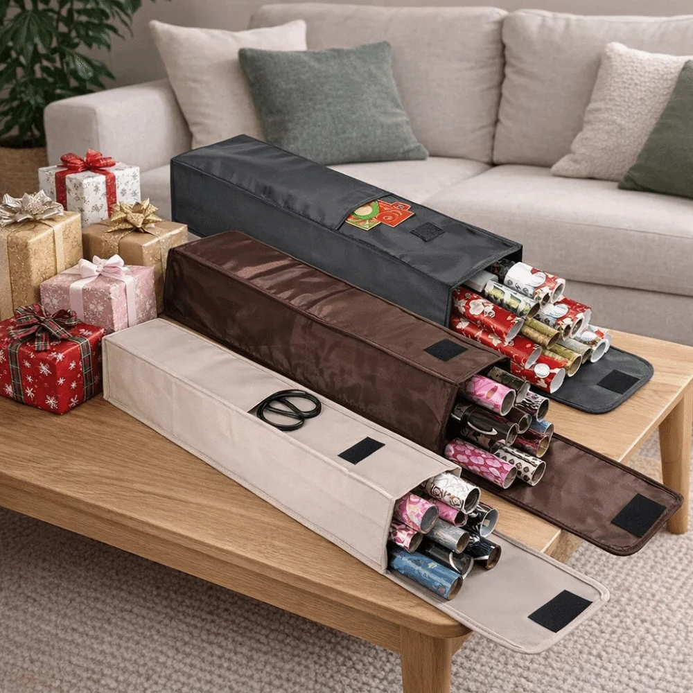 Oxford Cloth Wrapping Paper Organizer Wall Hanging Large Capacity Gift Wrapping Roll Organizer Side Pocket with Handle