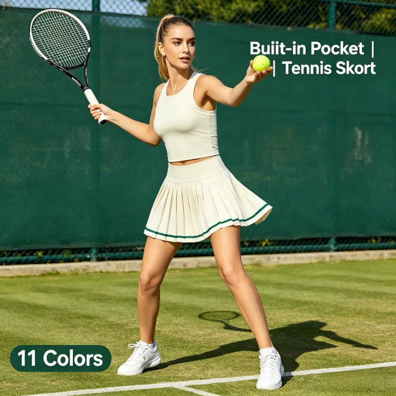 2026 Women High Waist Pleated Tennis Skirt with Shorts Pocket Golf Skort Athletic Skirts Summer Mini Skirts Workout Skorts