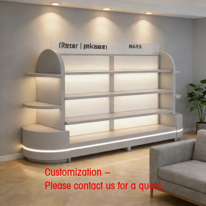 custom.Modern Luxury Recyclable White Painted Stainless Steel Tempered Glass Back Step Shelf Cosmetic Display Rack