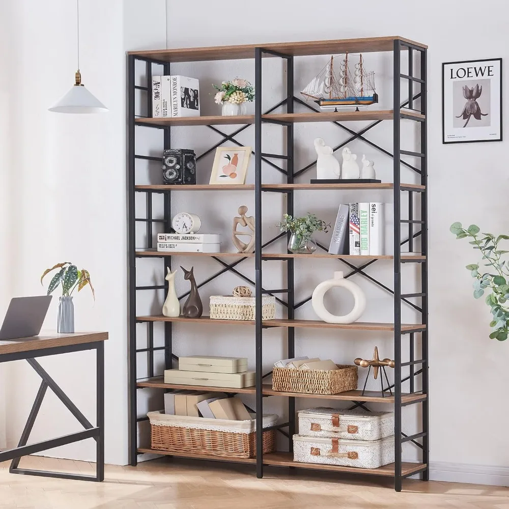 Bookcase, 84" Tall Bookshelves and Bookcases, Industrial Double Wide 7-Tier Bookshelf with Open Shelves, Extra Tall Bookcase