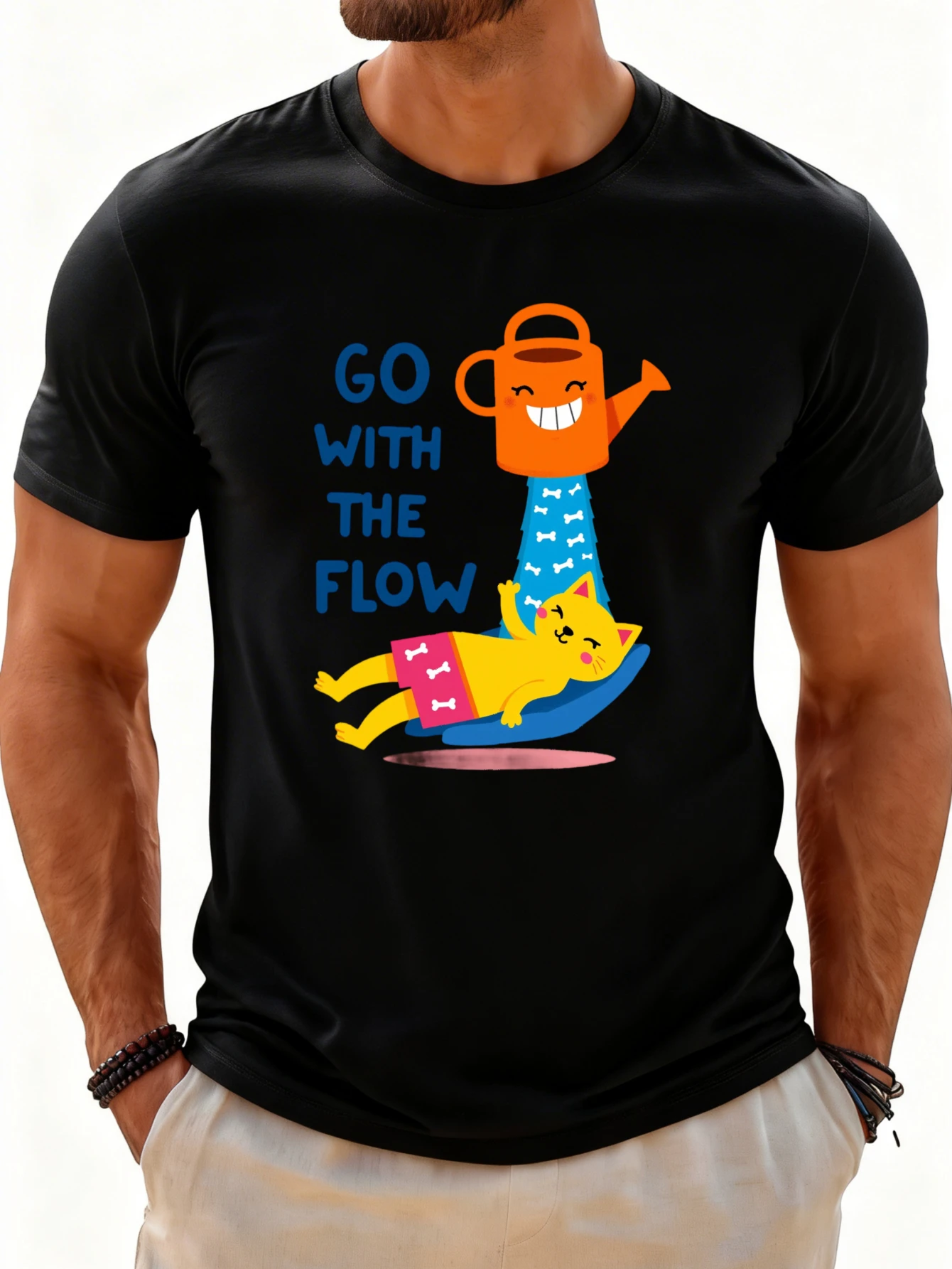 Men's Graphic T-Shirt - Breathable, Soft, Lightweight - Flowing Cat Watering Can Design - Vintage Fun Graphic Casual Short Sleeve Summer Top, a Great Gift for Him