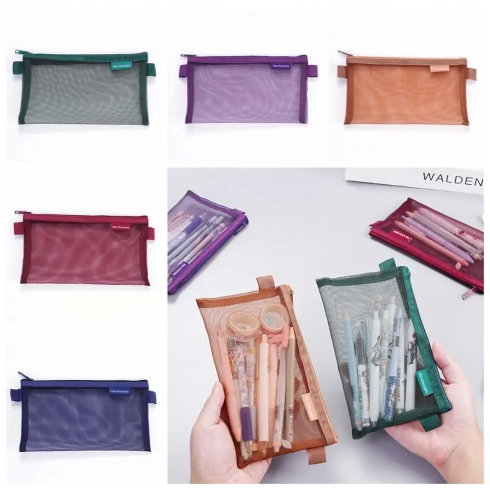Nylon Mesh Pencil Case Retro Color Large Capacity Transparent Bills Bag Storage Bag Organizer Case Zipper Stationery Bag Lady