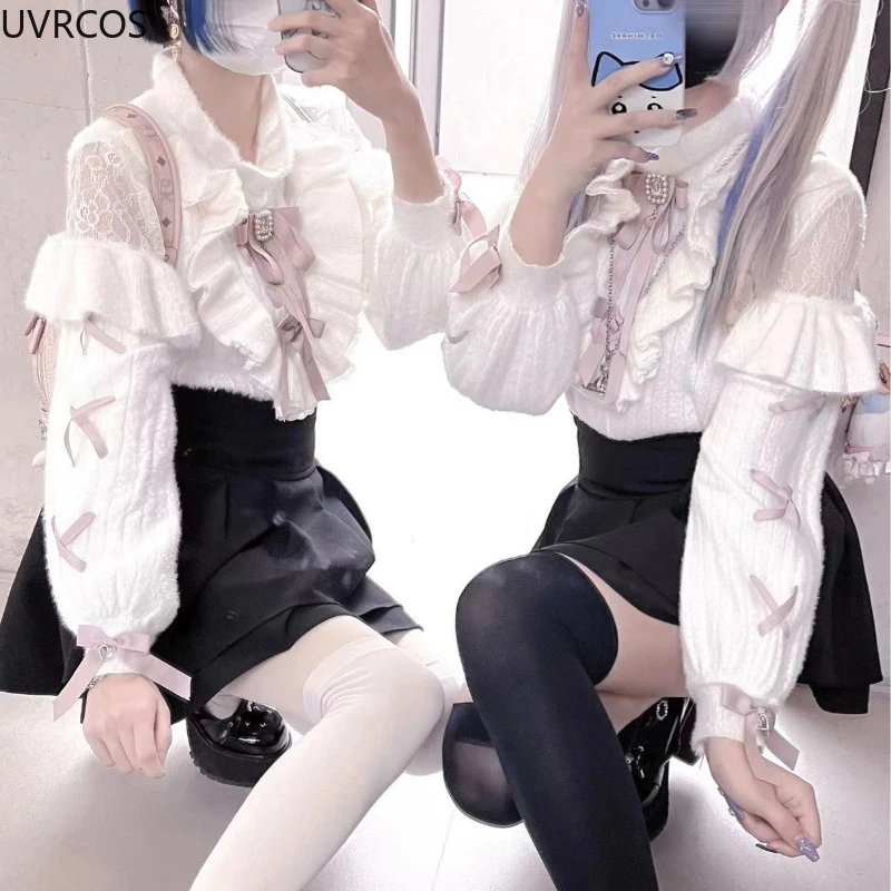 Japanese Mass-Produced Mine Off-Shoulder Sweaters Women Sweet Rhinestone Bow Knitted Pullovers Harajuku Y2k Knitwear Lolita Tops