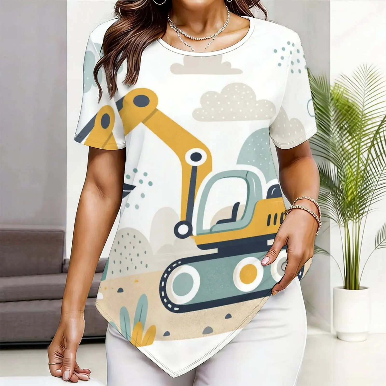 Women Top with Print Round Neck Short Sleeve Pointed Hem