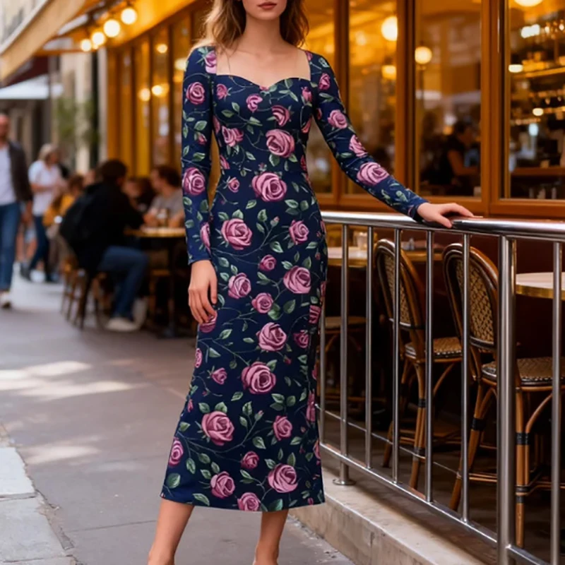 موضة جديدة عالية الخصر فساتين ماكسي زهرة طباعة سليم ركاب فستان الربيع الصيف المرأة ساحة الرقبة طويلة الأكمام فستان الحفلات #2