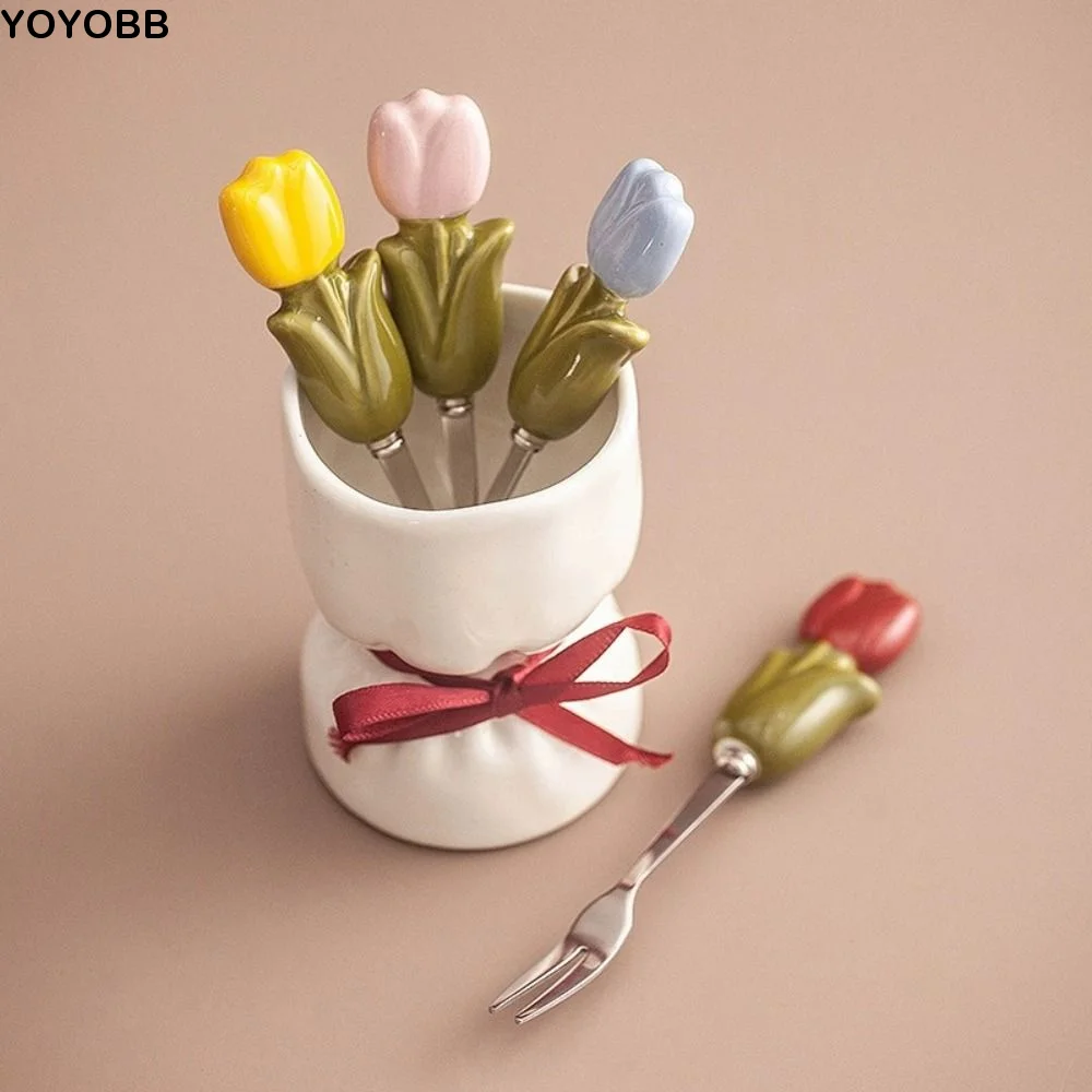 

Tulip Shape Fruit Forks Set Ins Style Ceramic Jar Dessert Forks with Storage Jar Comfortable Grip Household Stainless Steel Fork