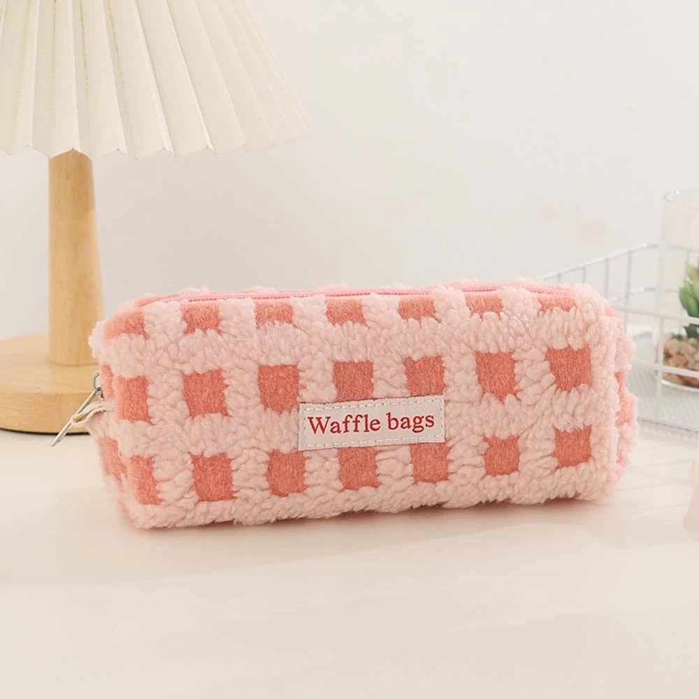 Large Capacity Plush Pencil Case Waffle Grid Pattern Khaki/Pink/Yellow/Blue/Red Stationery Bag Soft Stuffed Korean Style