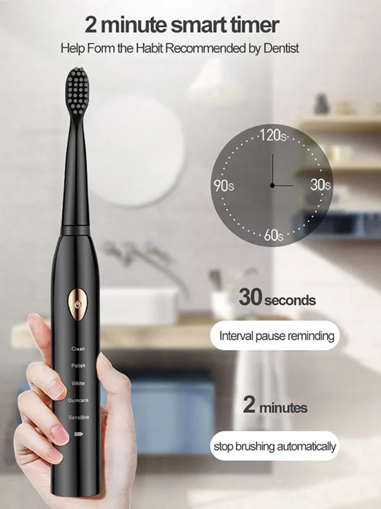 Rechargeable Electric Toothbrush - Electronic Whitening Teeth Brush with Timer Washable Replaceable Clean Head for Oral Care