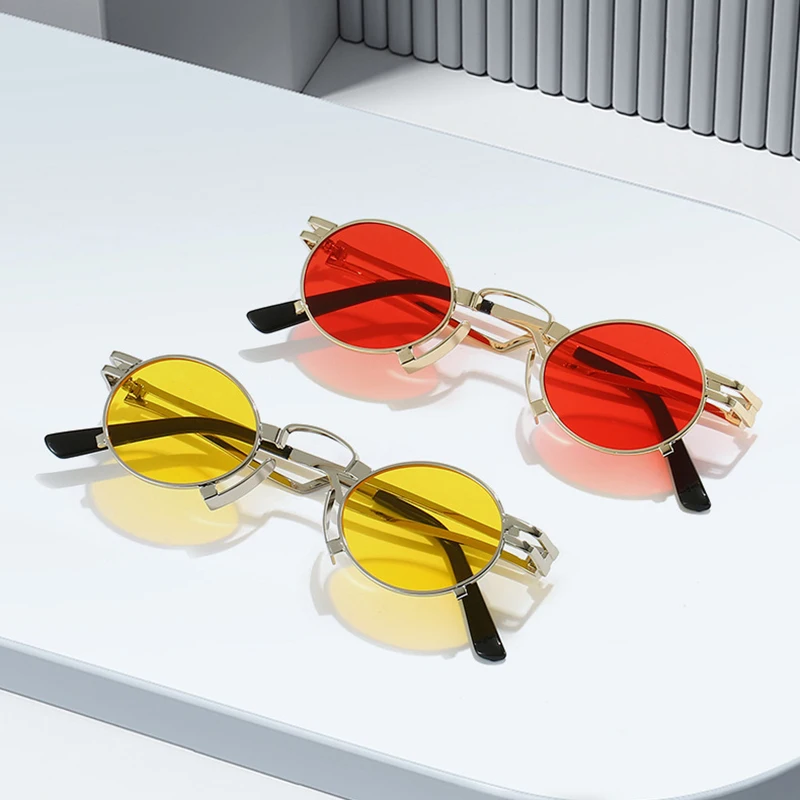 SO i EI Retro małe owalne okulary przeciwsłoneczne moda damska unikalne metalowe oprawki odcienie UV400 mężczyźni Punk czerwone żółte okulary przeciwsłoneczne — zdjęcie 4