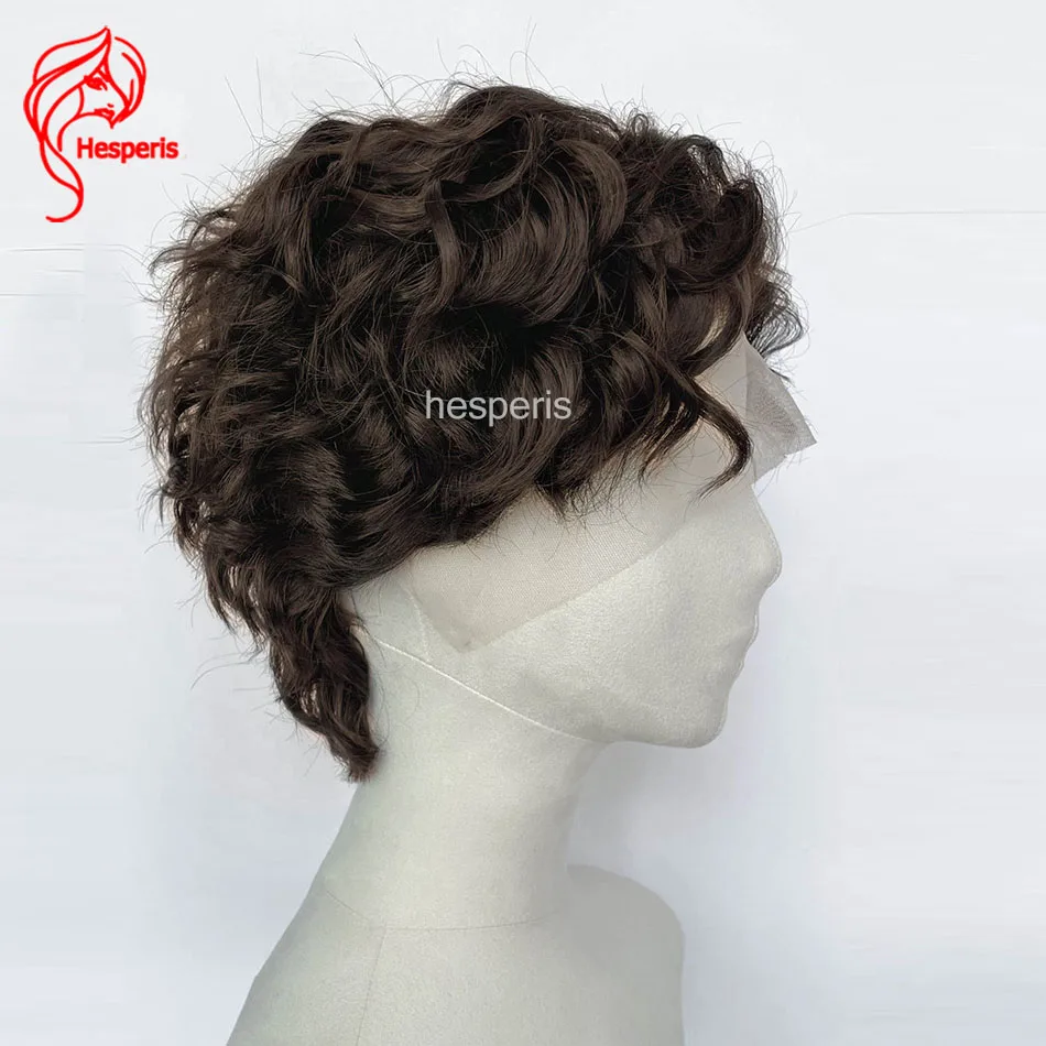 Hesperis Brown Short Curly Pixie Cut Wig Brazilian Remy Human Hair Wigs With Bangs 13x6 Lace Front Wig For Men Pre Styled