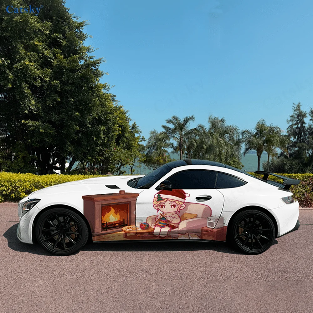 

Christmas Girl Fireplace Yarn Car Vinyl Wraps Decal Self-adhesive PVC Sticker Suitable for Truck SUV Decor Auto Accessories Gift