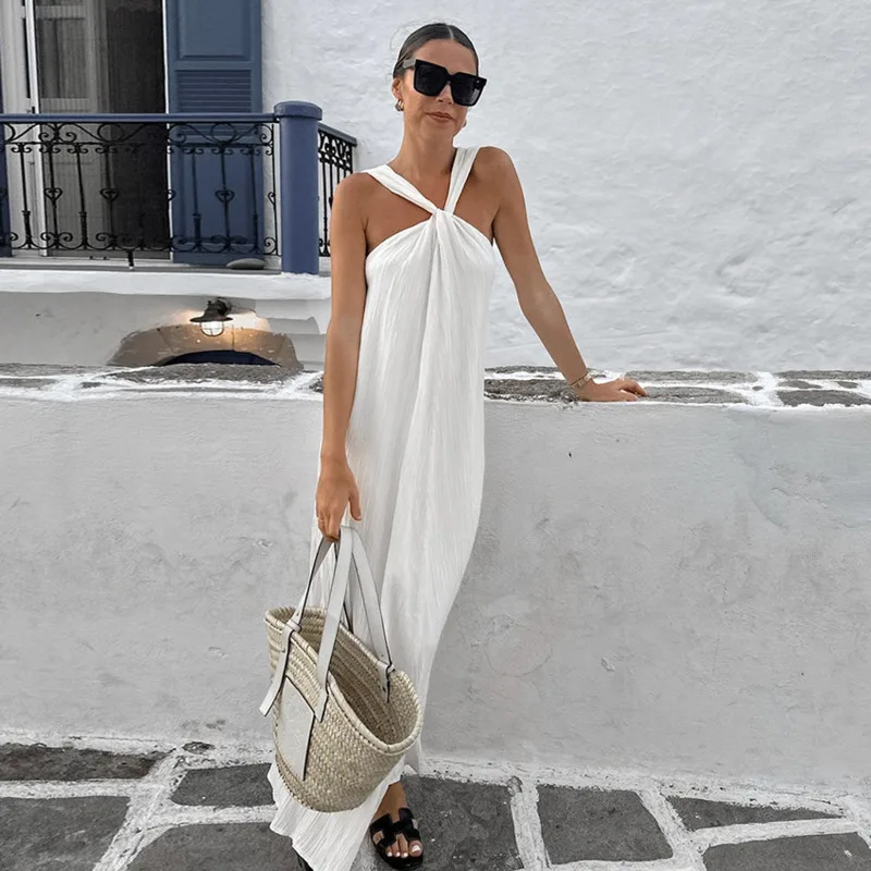 Summer Halter Neck Sleeveless Beach Dress Casual Fashion Long Dress Elegant Holiday Resort Vacation Dress Stylish Women's Dress