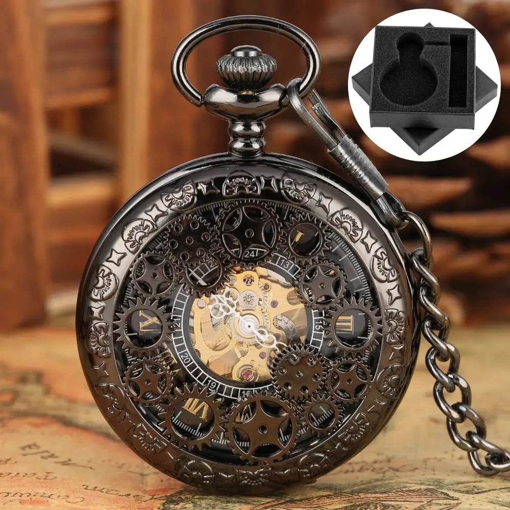 Retro Black Mechanical Hand Winding Pocket Watch Hollow Gearwheel Cover Gold/Blue Roman Numerals Dial Fob Chain Timepiece Gift