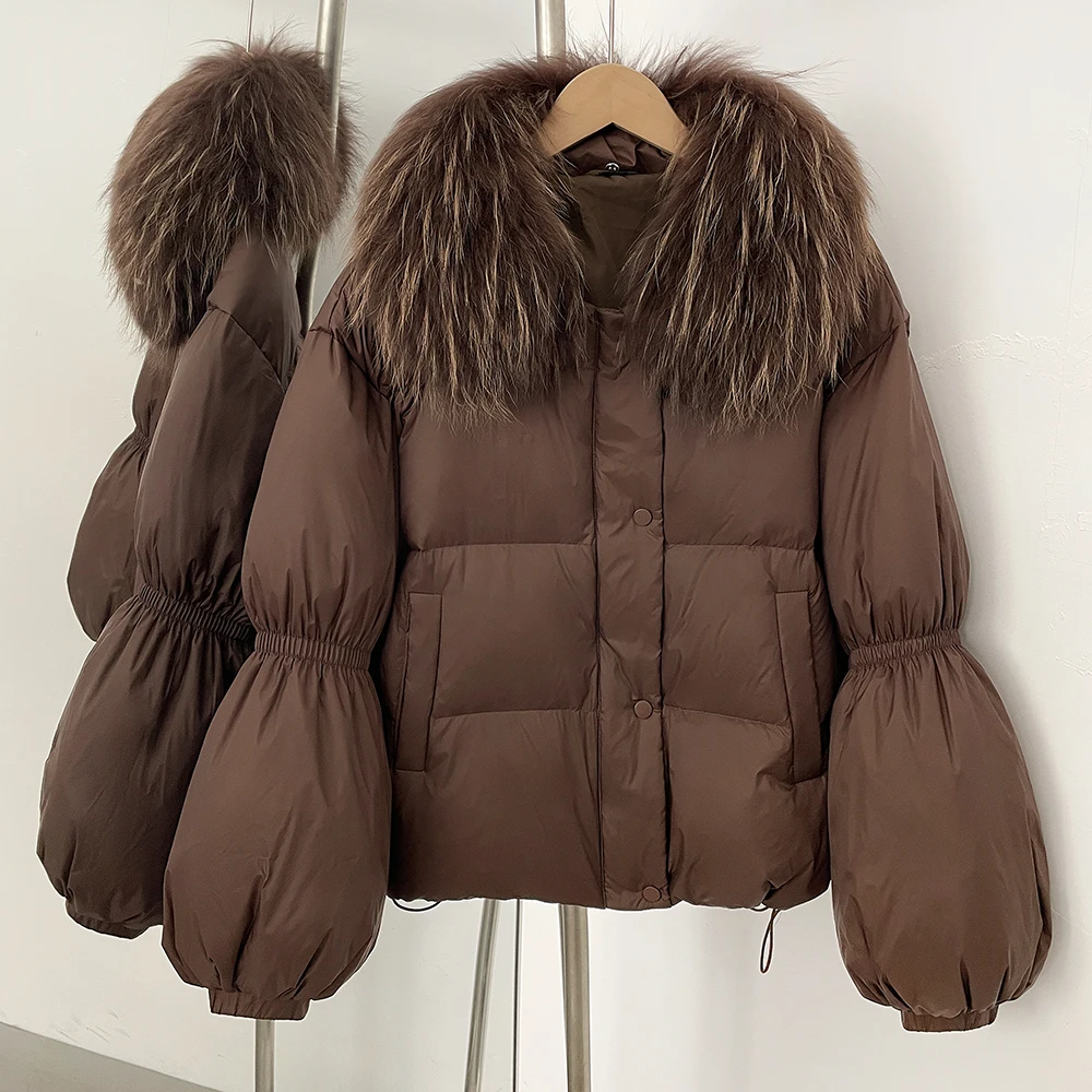 

Puffer Coat Female Parka Outerwear Vintage White Duck Down Coat Real Fox Fur Jacket 2025 Loose Ladies Winter Women Short Warm