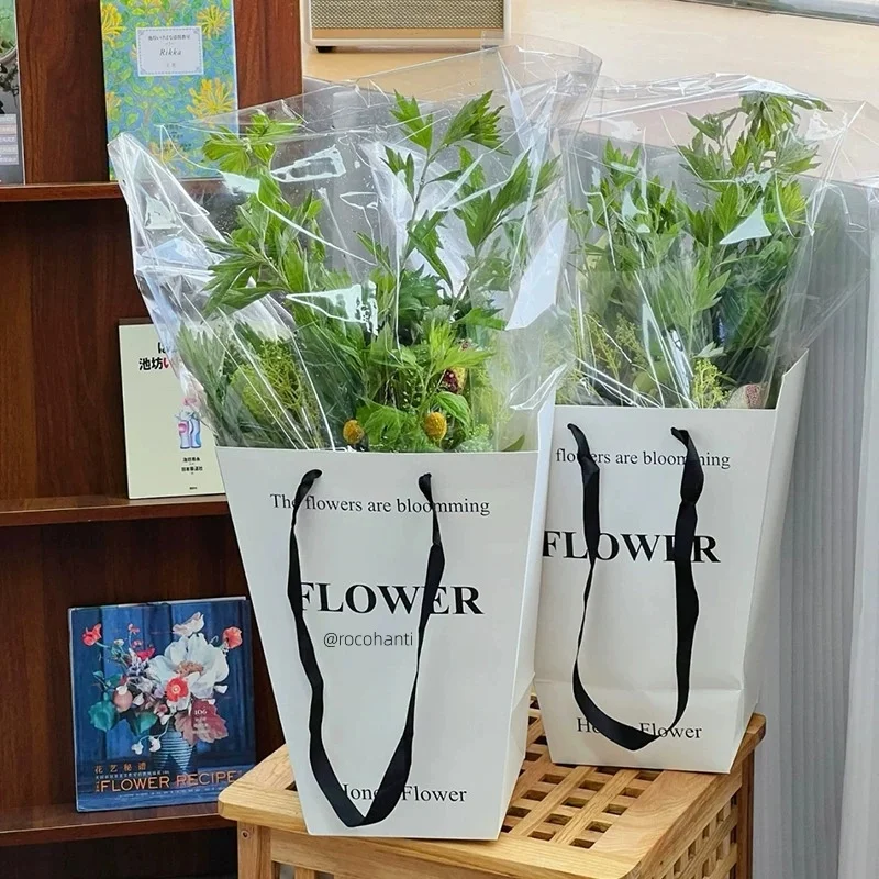 

50X Custom Logo Printing Luxury White Flower Paper Bag with Ribbon Handles for Flower Packaging in Flower Shop Bouquet Gift Bags