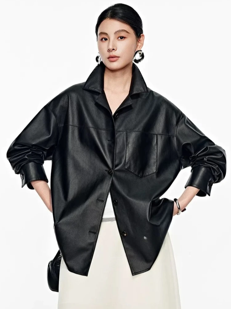 

Casual Genuine Leather Shirt Jackets for Women Spring Autumn 2026 New High-end Simple Thin Soft Black Real Sheepskin Coat