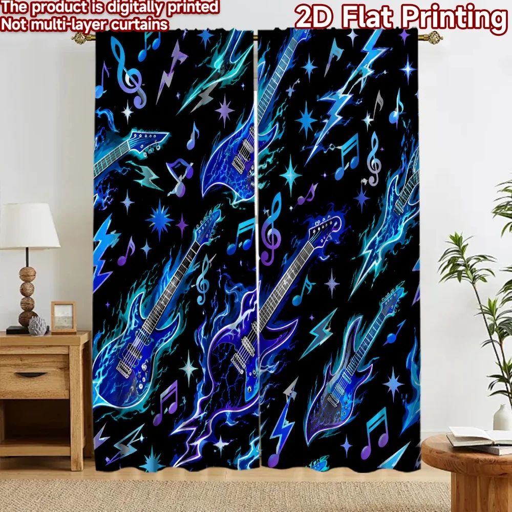 2D flat 2pcs Curtain Home Short Curtains Blue Guitars Durable polyester fiber Festive Curtains Perfect for Indoor Outdoor Use