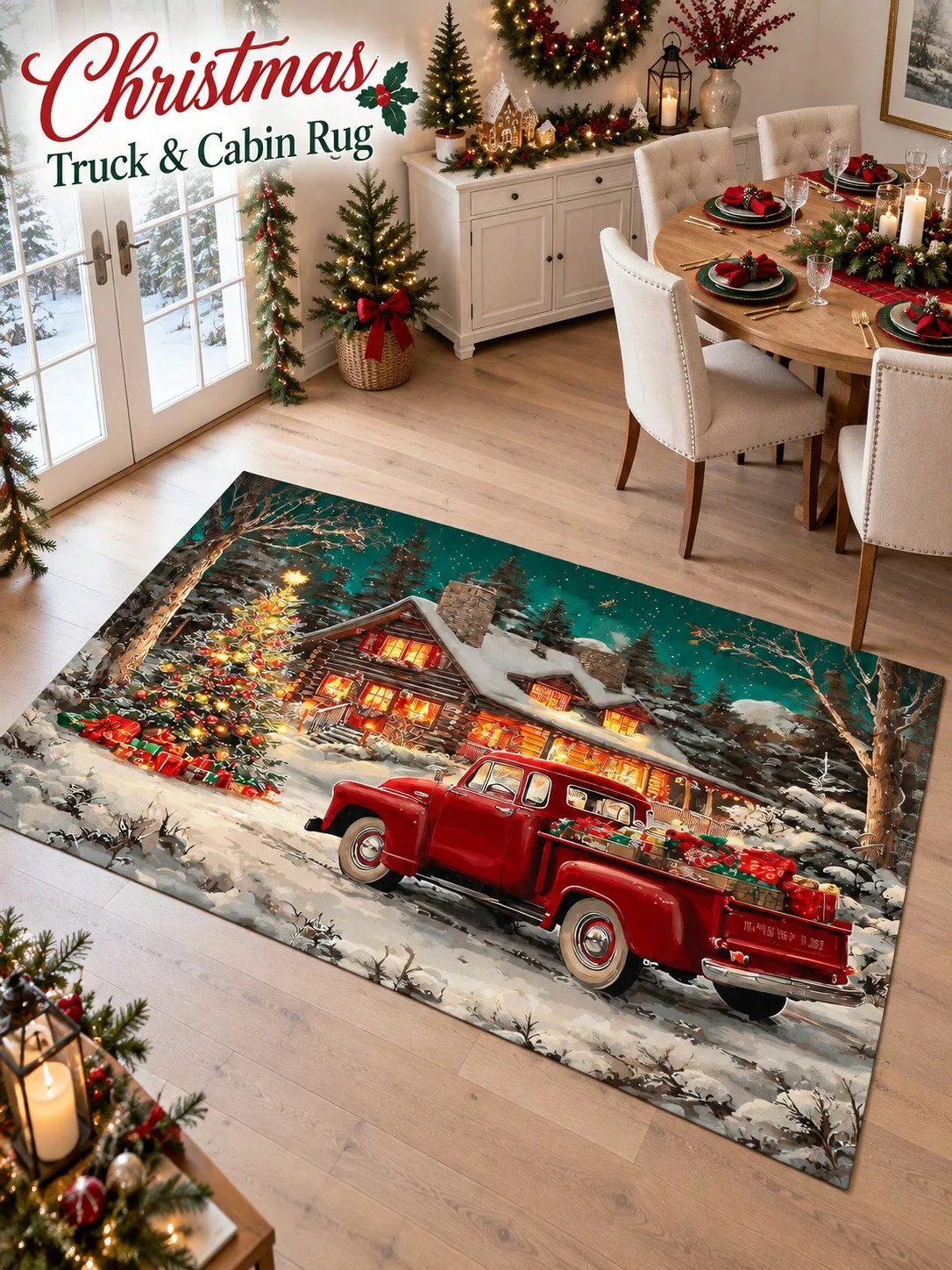 Christmas Rug Pickup Truck Cabin Tree Floor Decor Carpet Living Room Bedroom Dining Area Entryway Apartment Cottage Winter Home Styling Beside Sofa Fireplace Housewarming Birthday Gift for Family Friends Neighbors Sisters Holiday Dinner Gatherings