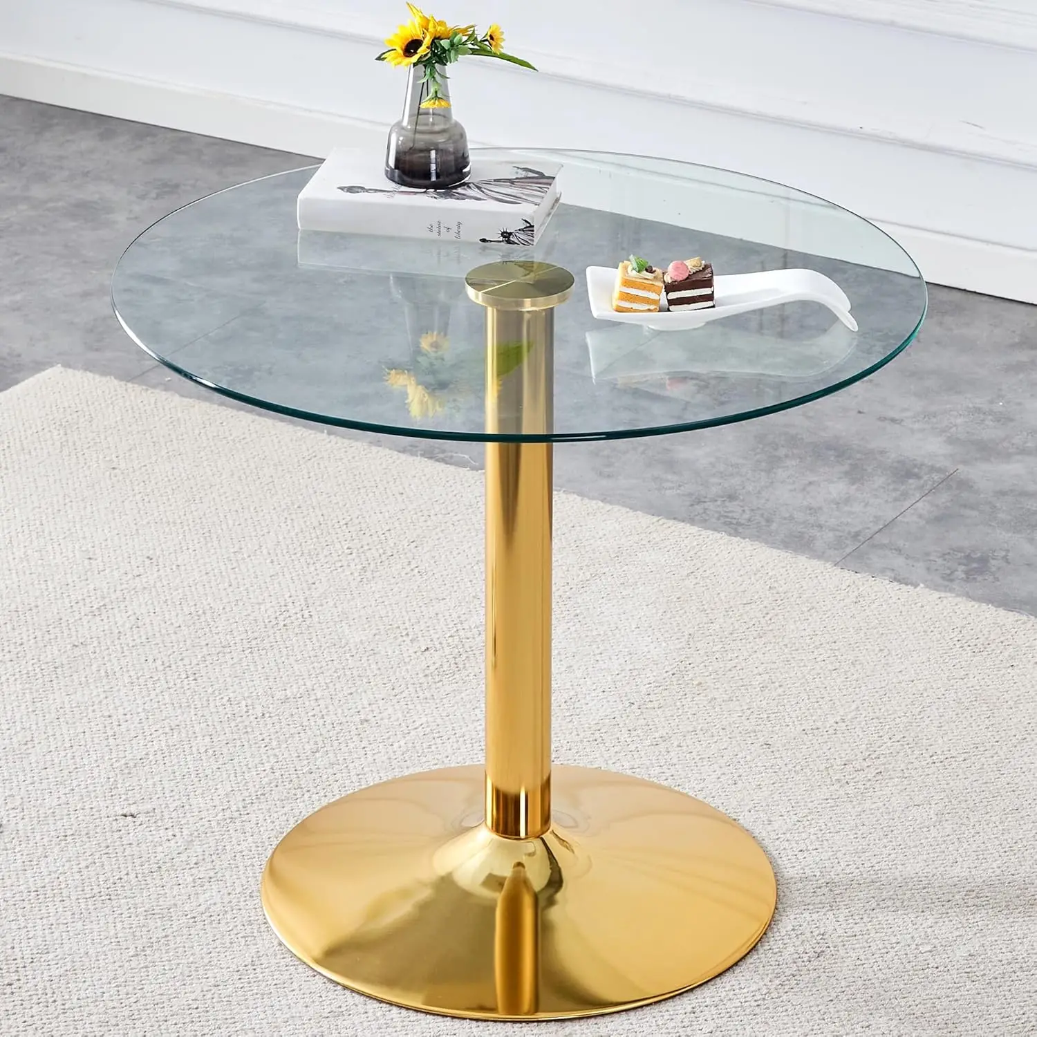 

Round Glass Dining Table 35" Round Kitchen Table for 2-4 Tempered Glass Round Dinner Table with Golden Stainless