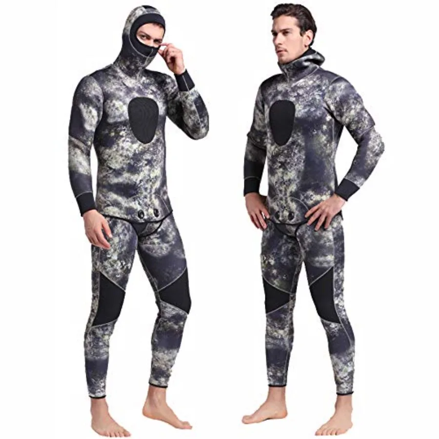 Men's 5mm spearfishing wetsuit for scuba diving and snorkeling: camouflage neoprene with thermal insulation, black-gray pattern