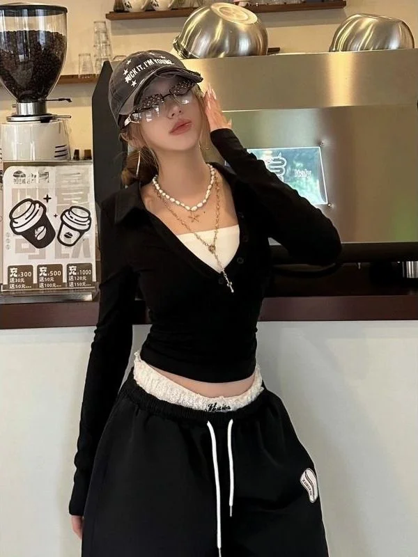 Retro American Color Block  Neck Long Sleeve T-Shirt Women's Slim Fit Short Style Spring Autumn INS Breathable Cotton Blend