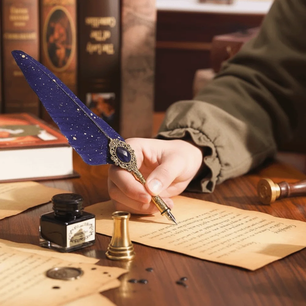Replaceable Nib Feather Dip Pen Ink-Containing Classic Feather Shape Signature Pen 15ml Refill Ink Pen Calligraphy Art