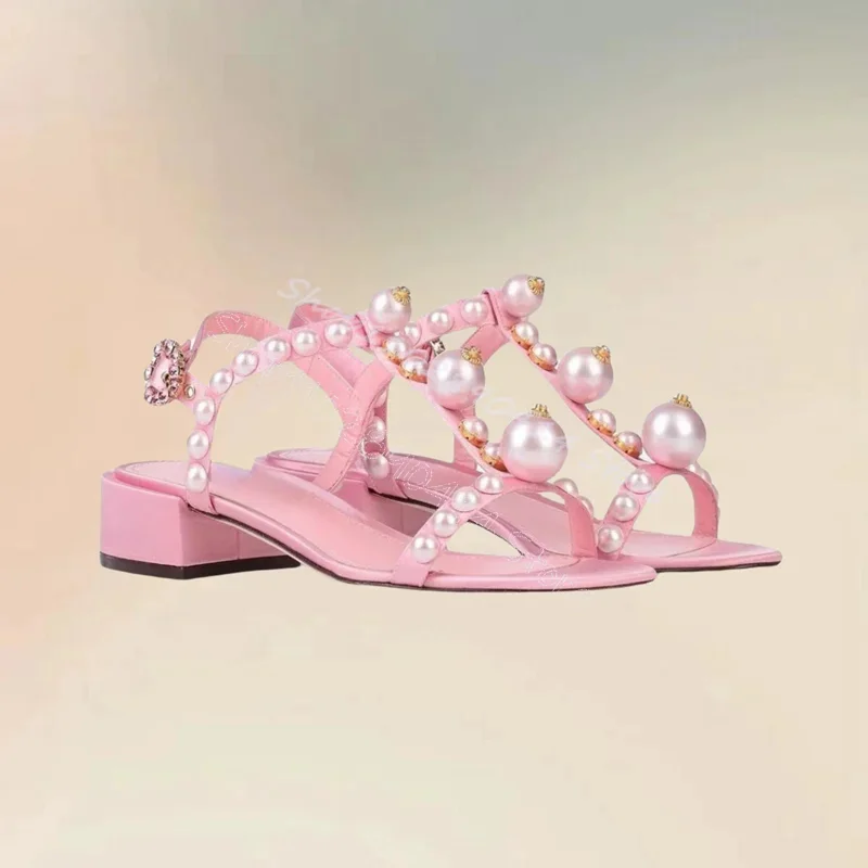الأبيض اللؤلؤ الوردي Strappy المفتوحة تو الصنادل الكاحل مشبك حزام النساء أحذية كعب عالي مكتنز حفلة عيد 2025 Zapatos Para Mujere