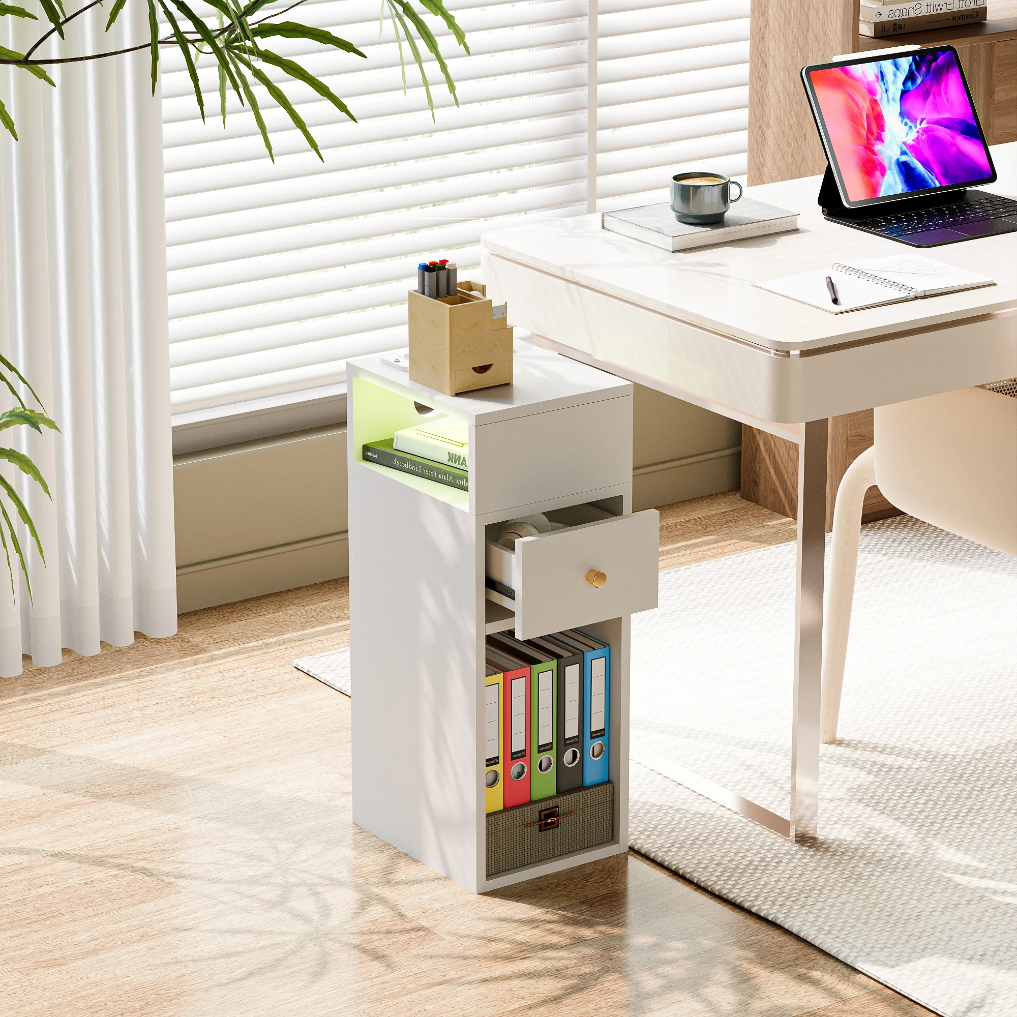 Nightstand With Drawers With Light One Drawer Bedside Desk 4Layer Wood Narrow Cabinet Side Table With Charging 2AC/2USB