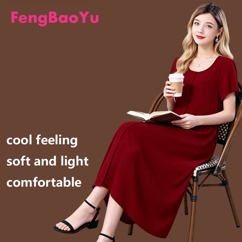 

Элегантное женское платье Fengbaoyu из хлопка и шелка с коротким рукавом, длинное, идеально подходит для отпуска и отдыха, комфортное, летнее.
